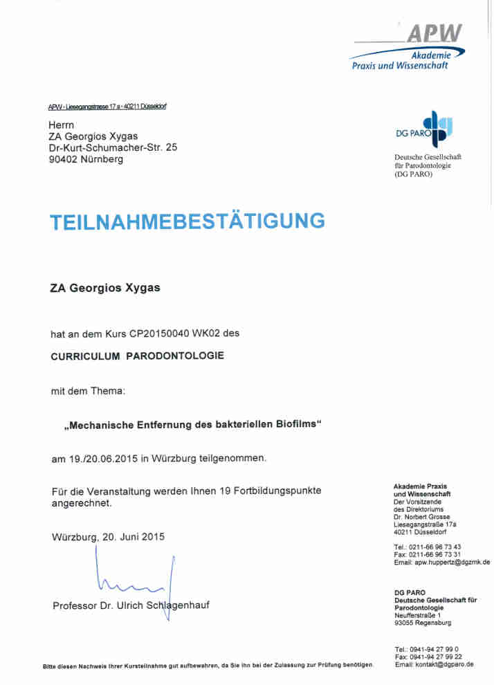 Zertifikat Deutschen Gesellschaft für Parodontologie e.V.